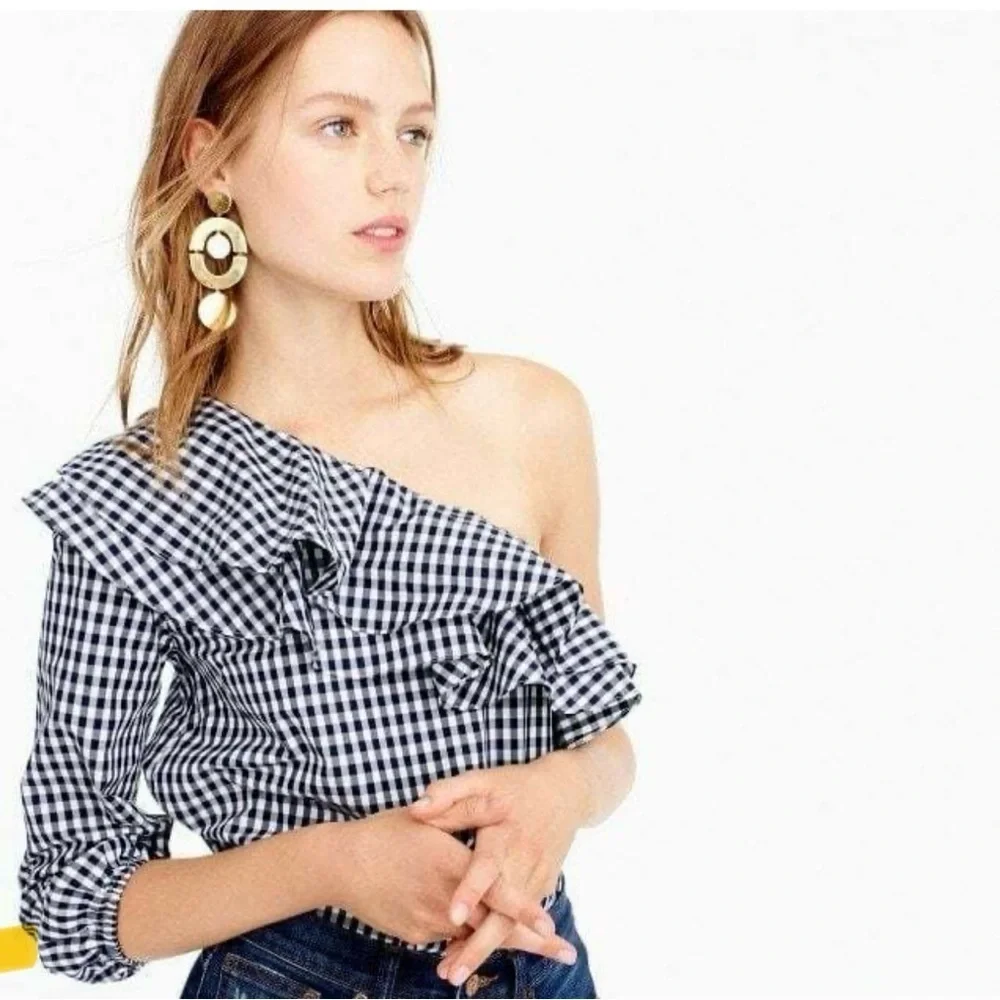 NWT J. Crew Black White Gingham One Shoulder Ruffle‎ Blouse CottageTomato Girl